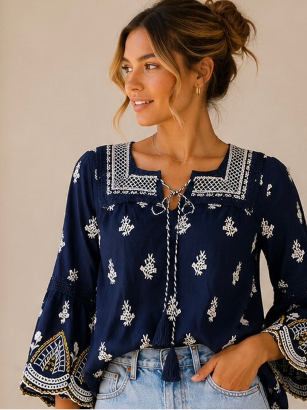 Shoshanna Calah Embroidered Boho Cotton Peasant Top Navy Size S